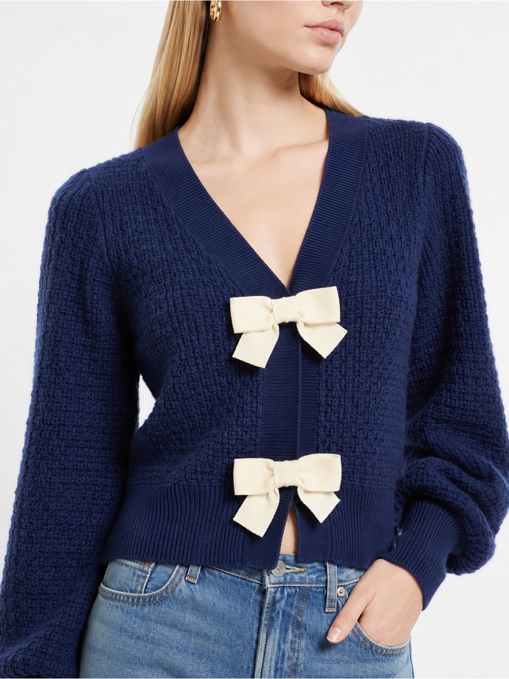 Express V-Neck Bow Cardigan Navy V-Neck Sweater with Cream Bow Accents